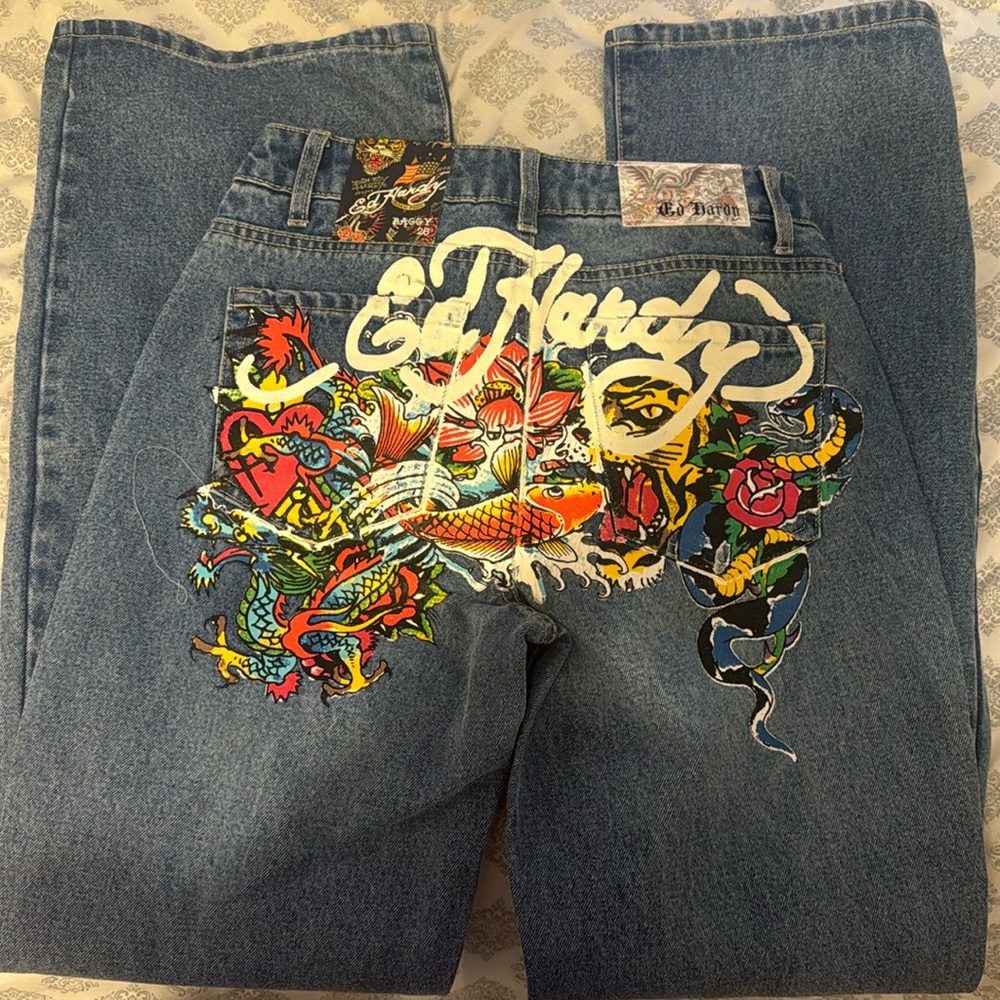 Ed Hardy Blue Jeans with Colorful Graphic Design